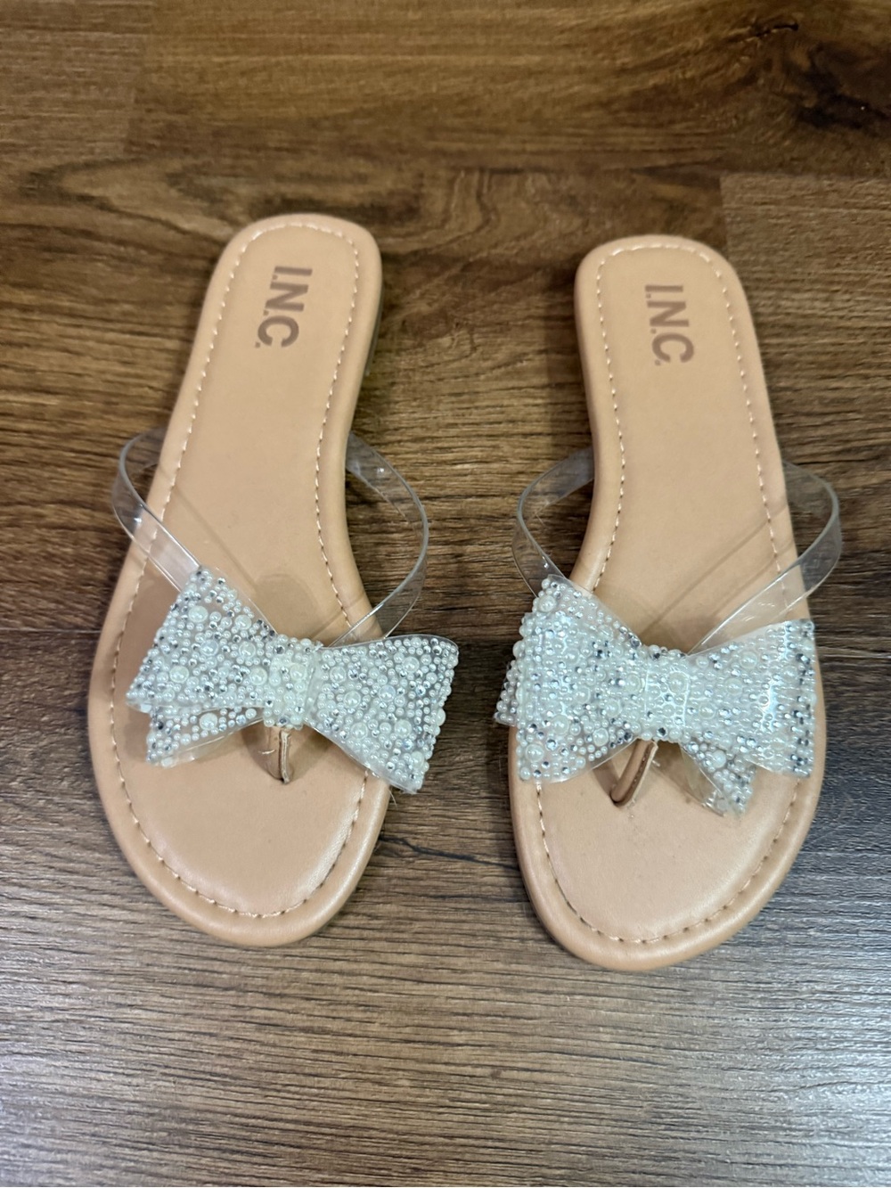 INC International Concepts Clear-Strap Sandals with Pearl Bow Size 6